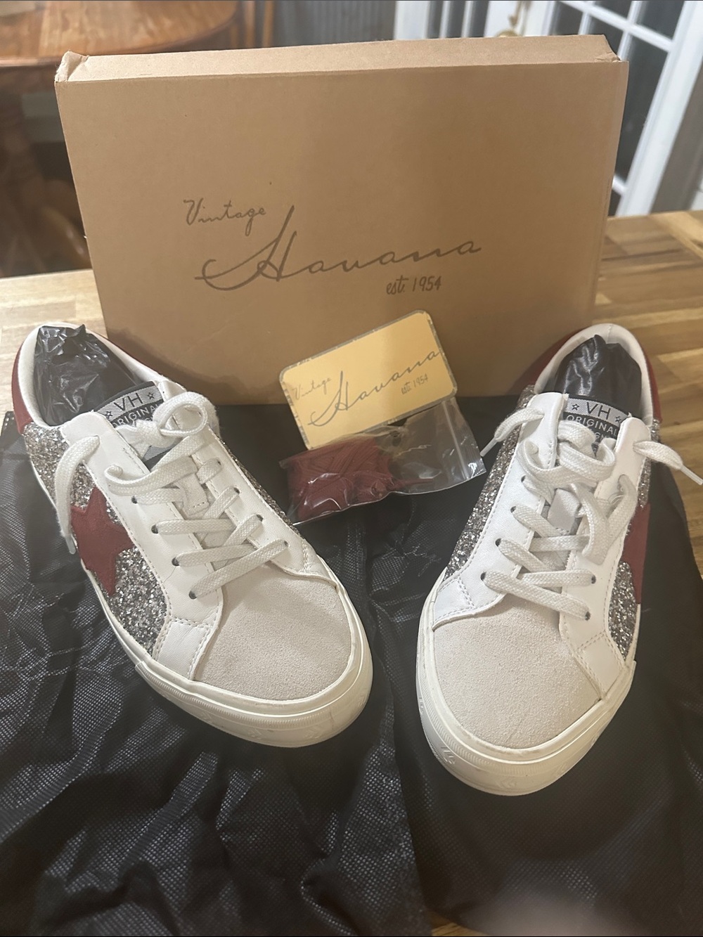 Vintage Havana Women’s White Sneakers with Red & Silver Glitter Accents